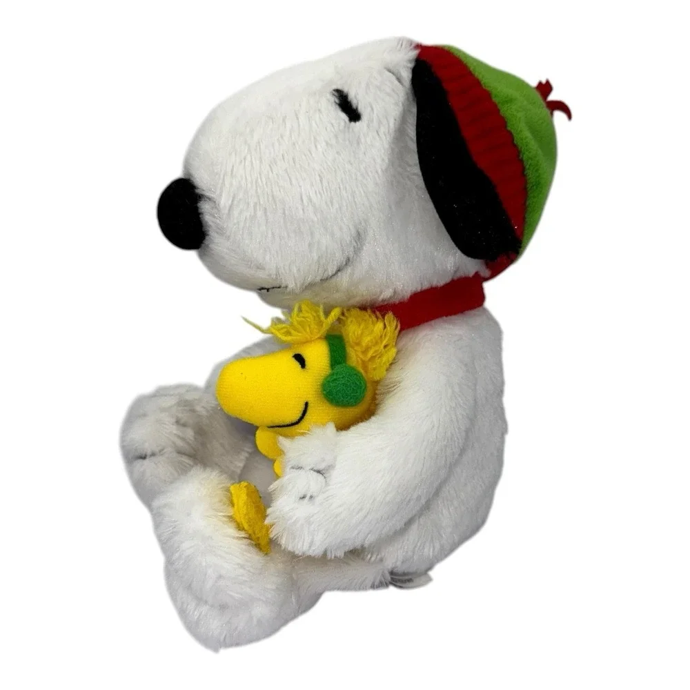 Hallmark Peanuts Plush Snoopy in Red/Green Winter Hat Holding Woodstock - Picture 2 of 13